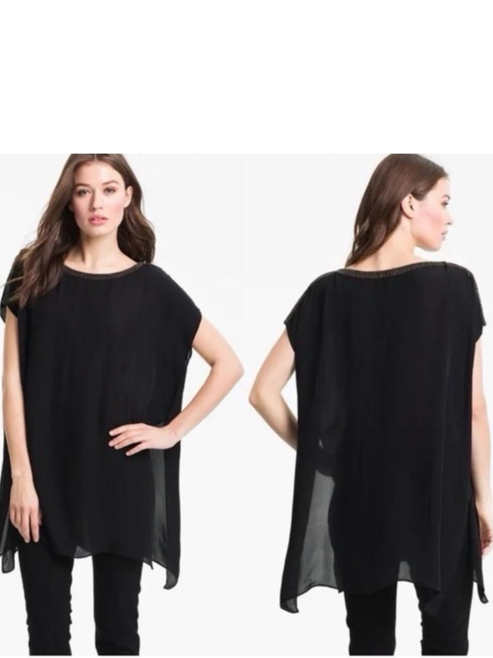 Eileen Fisher Black Silk Bateau Boxy Tunic Beaded Floaty Georgette